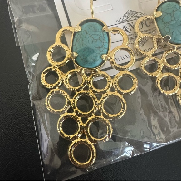 Turquoise Gold Drop Earrings – Handmade Boho Statement Jewelry NWT - Picture 7 of 9